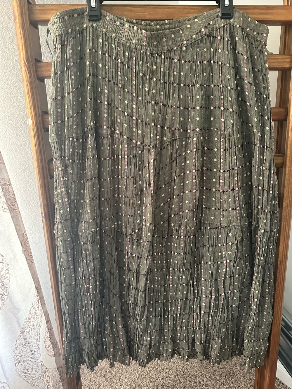 Nostalgia Olive Green Printed Tiered Maxi Skirt with Pink Accents